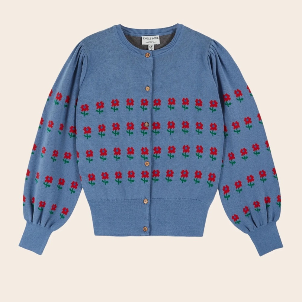 Emile et Ida CARDIGAN Blue organic cotton floral jacquard